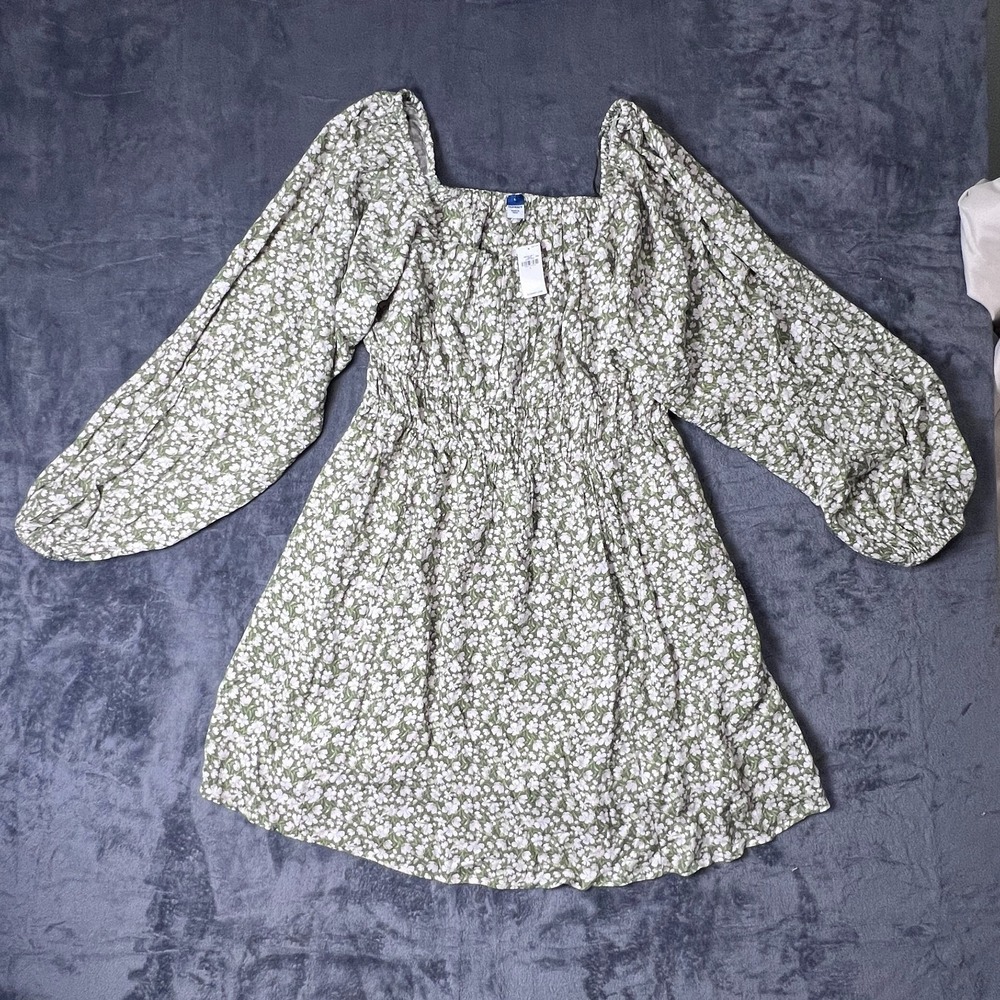 Old Navy Green Floral Square Neck Mini Dress Large Smocked Boho Cottagecore